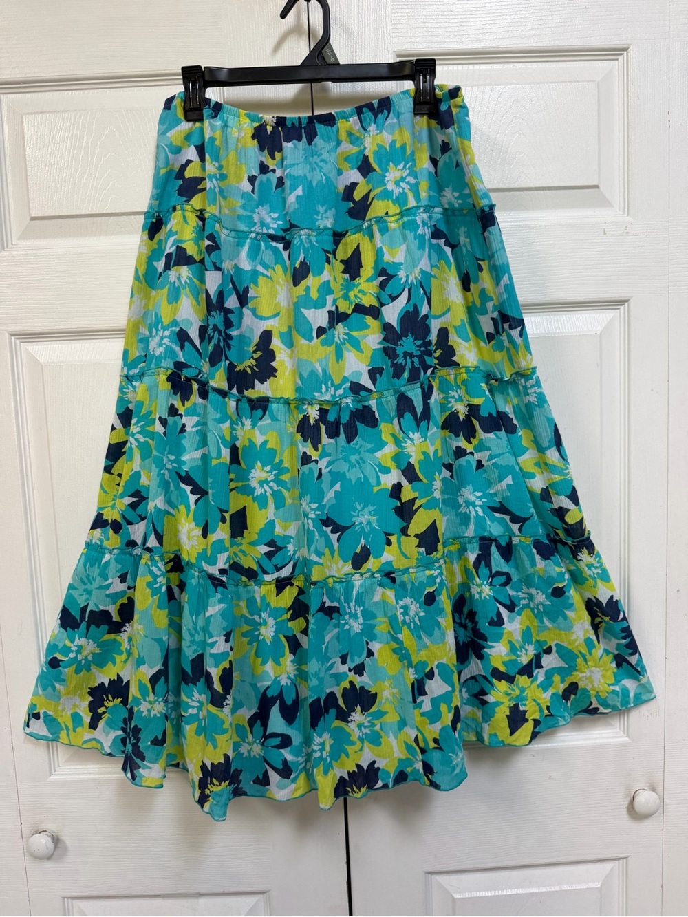 Floral Tiered Midi Skirt in Turquoise Navy Yellow Women’s Size M-L